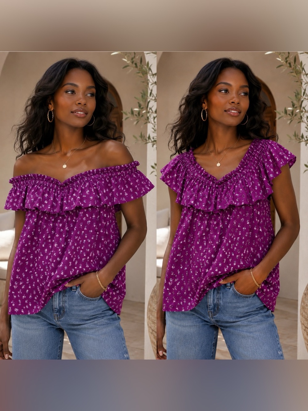 LOFT On/Off-Shoulder Ruffle Floral Blouse - Size Large